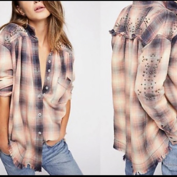 Free People Take On Me plaid studded distress oversized button down top western - Picture 1 of 9